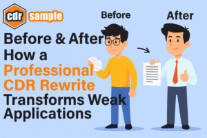Before and after comparison of a professional CDR rewrite showing weak vs improved Engineers Australia career episode paragraphs