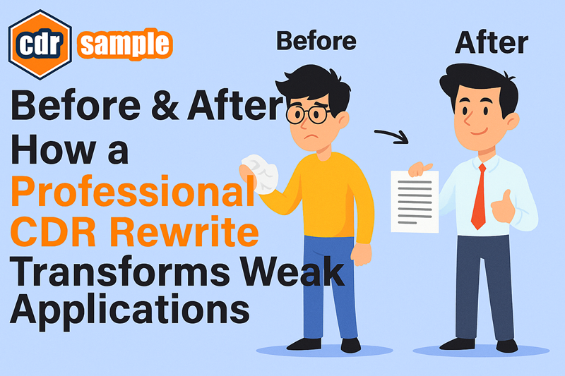 Before and after comparison of a professional CDR rewrite showing weak vs improved Engineers Australia career episode paragraphs