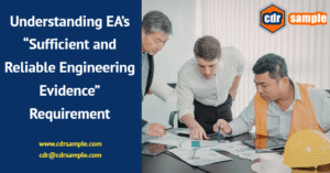 Engineer reviewing diagrams, calculations, and design drawings as engineering evidence for an EA career episode